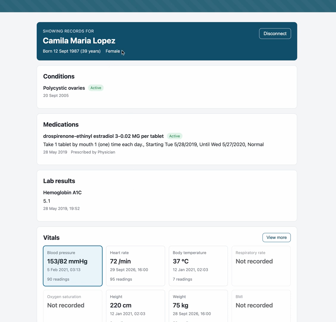 Care Summary: one page summary of a patient's health record