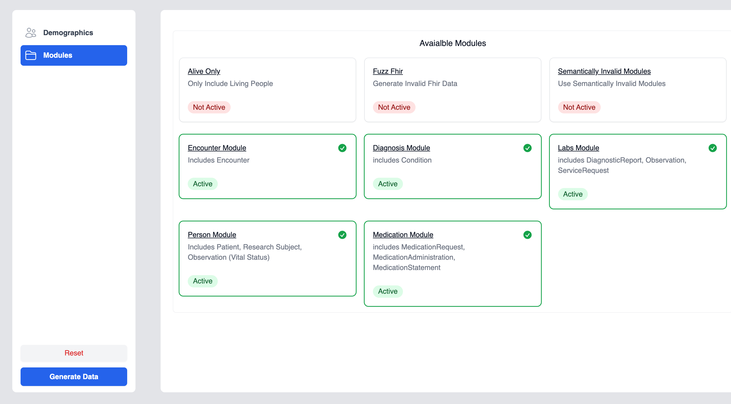 The Modules screen. Tick what you need, and only that gets generated.