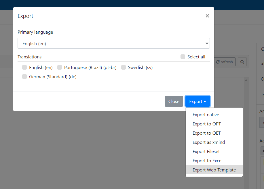 Export template as webtemplate