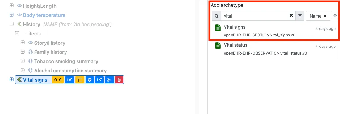 Searching for Vital Signs SECTION on Archetype Designer