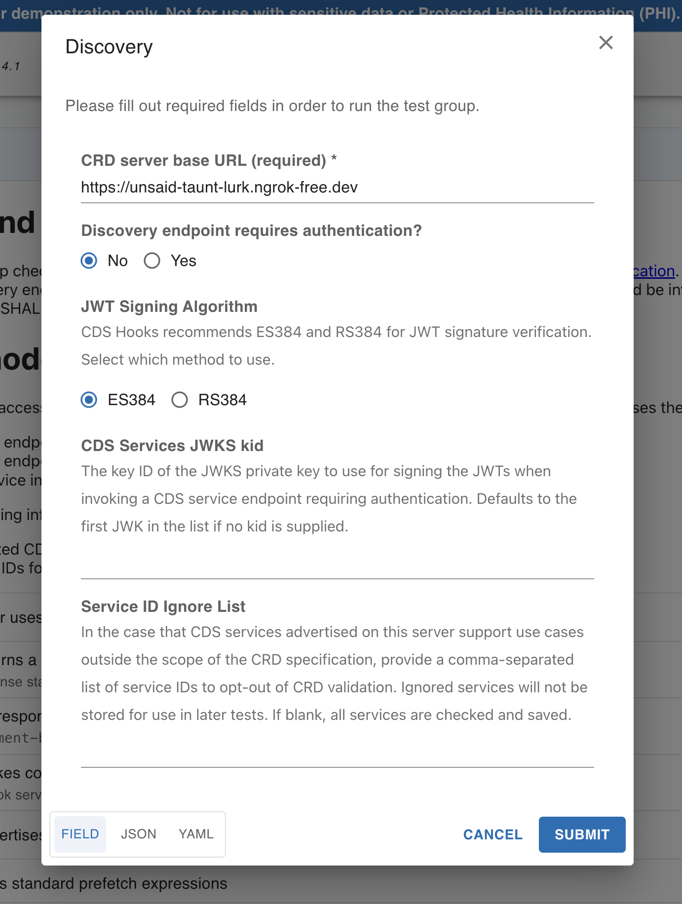 Da Vinci CRD Server v2.2.1 Discovery Test Form