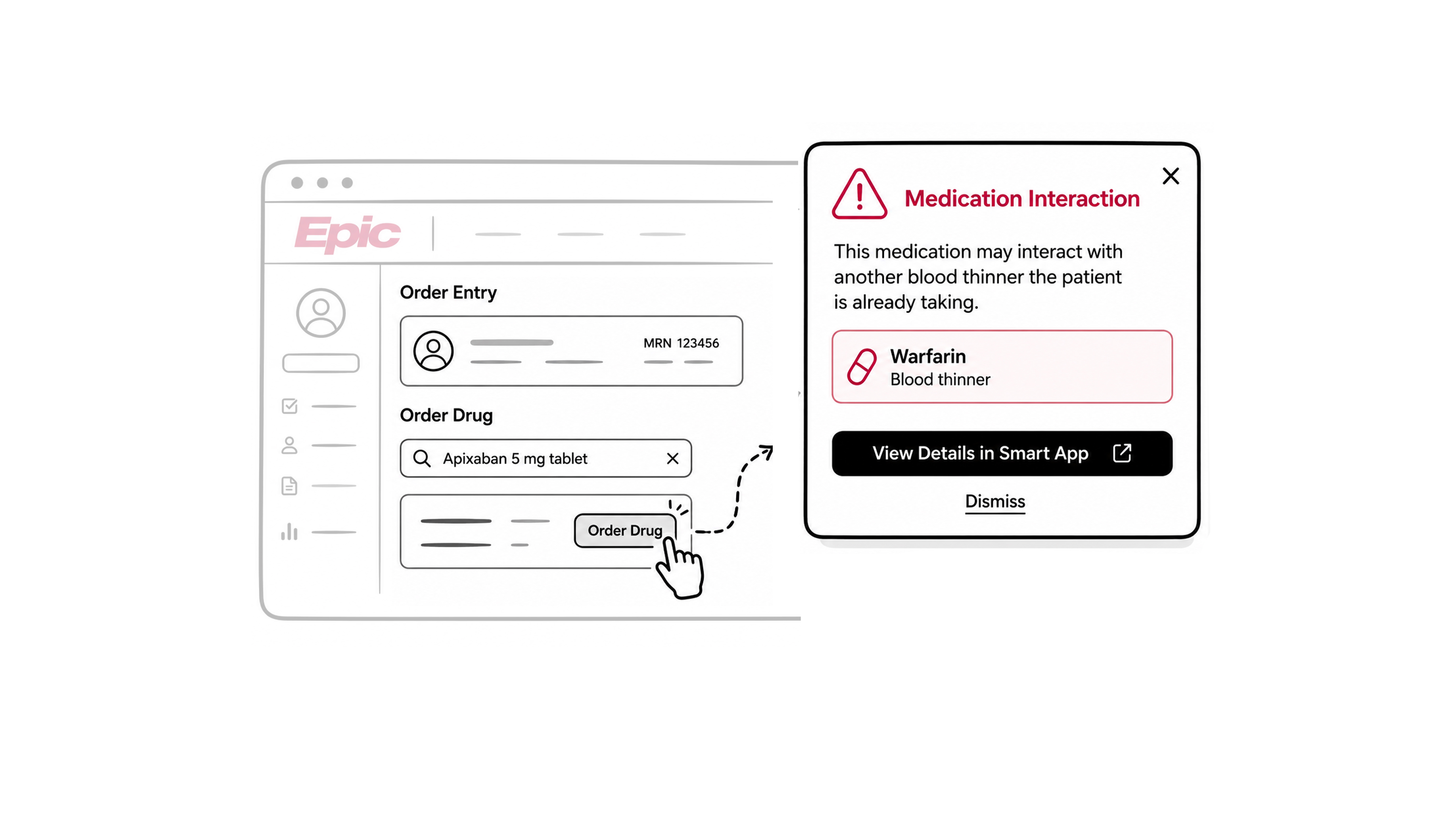 An Epic order-entry screen where a clinician orders Apixaban, and a CDS Hooks card appears warning it may interact with Warfarin, a blood thinner the patient already takes, with a button to view details in a SMART app.
