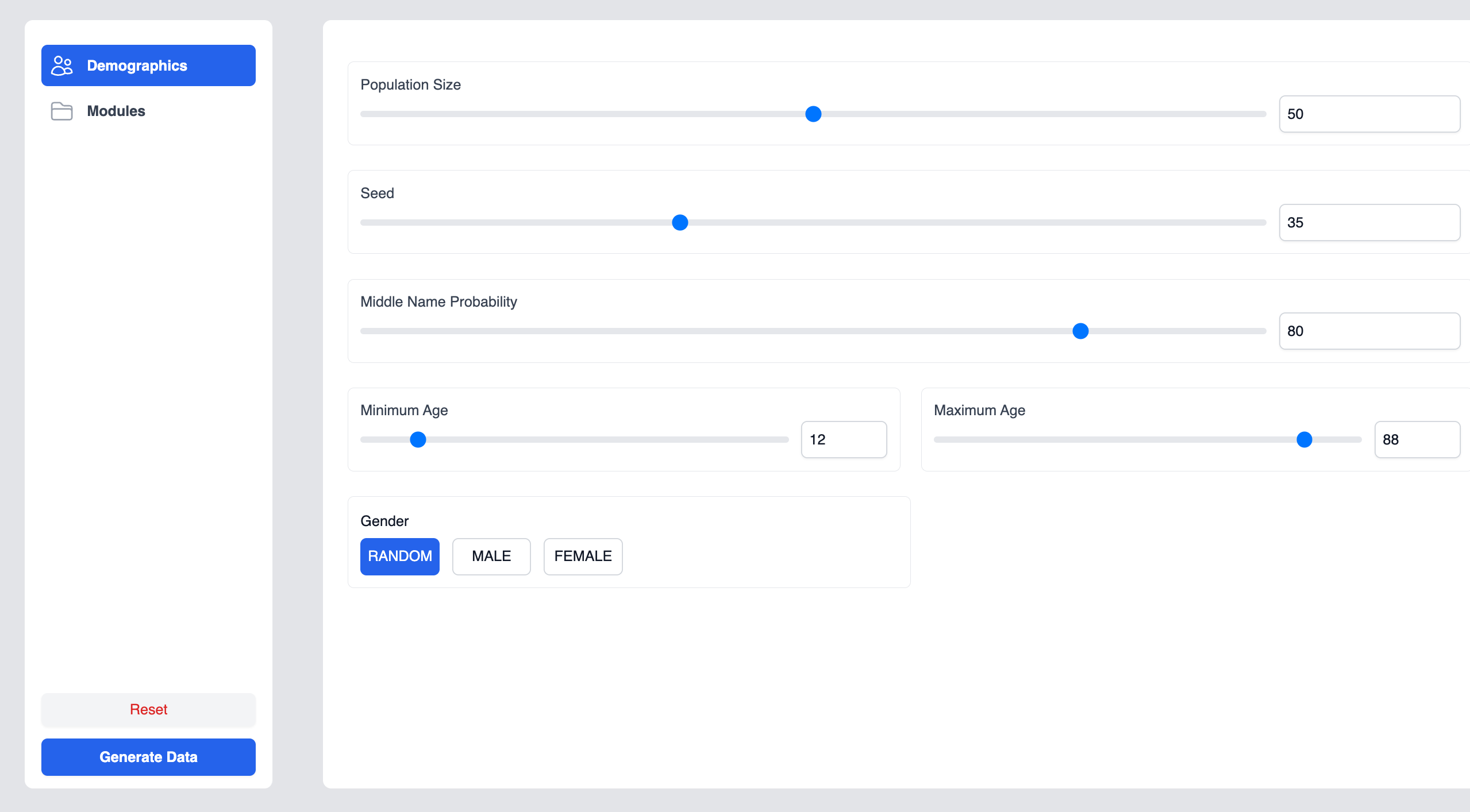 The front end's Demographics screen. How many patients, what seed, what age and gender distribution.
