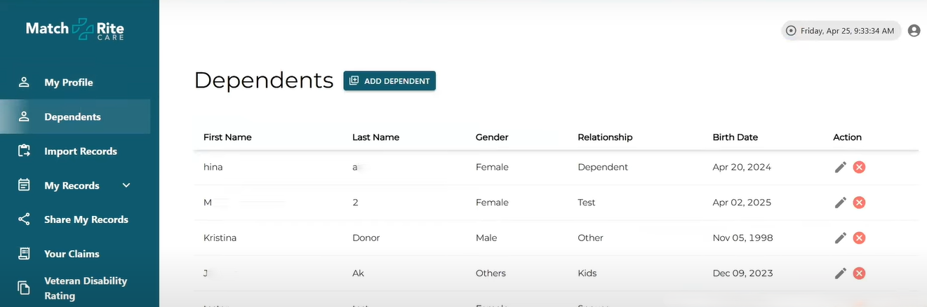 Snapshots from the MatchRite Platform - Import dependents