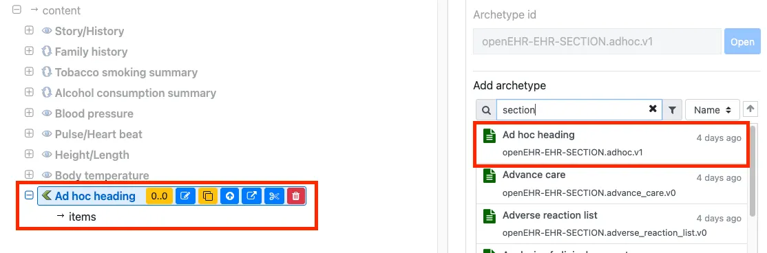 Searching for sections on Archetype Designer