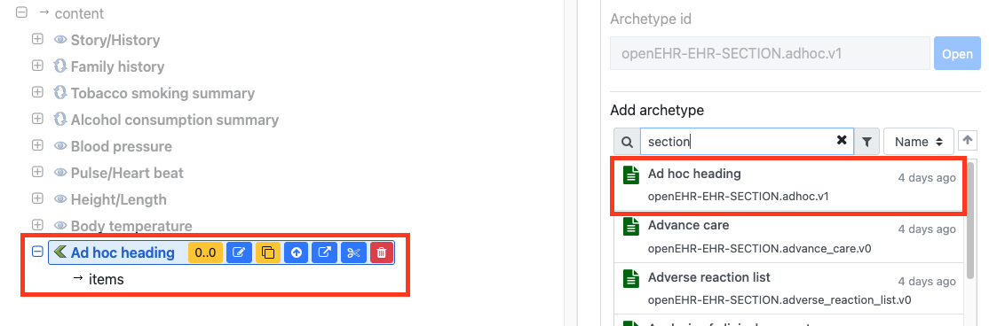 Searching for sections on Archetype Designer