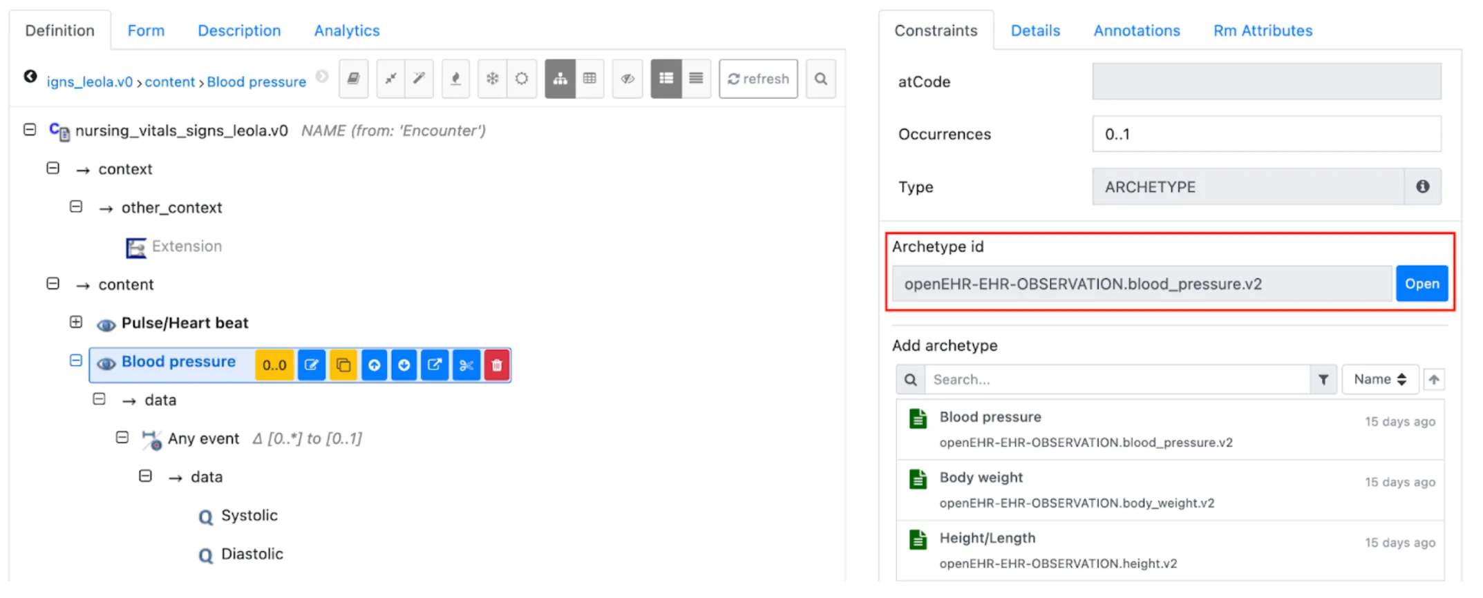 Template editor showing the archetype ID for Blood pressure