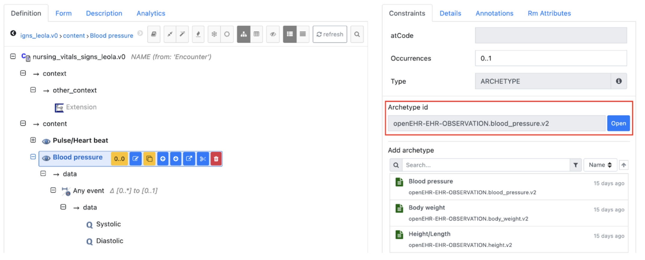 Template editor showing the archetype ID for Blood pressure