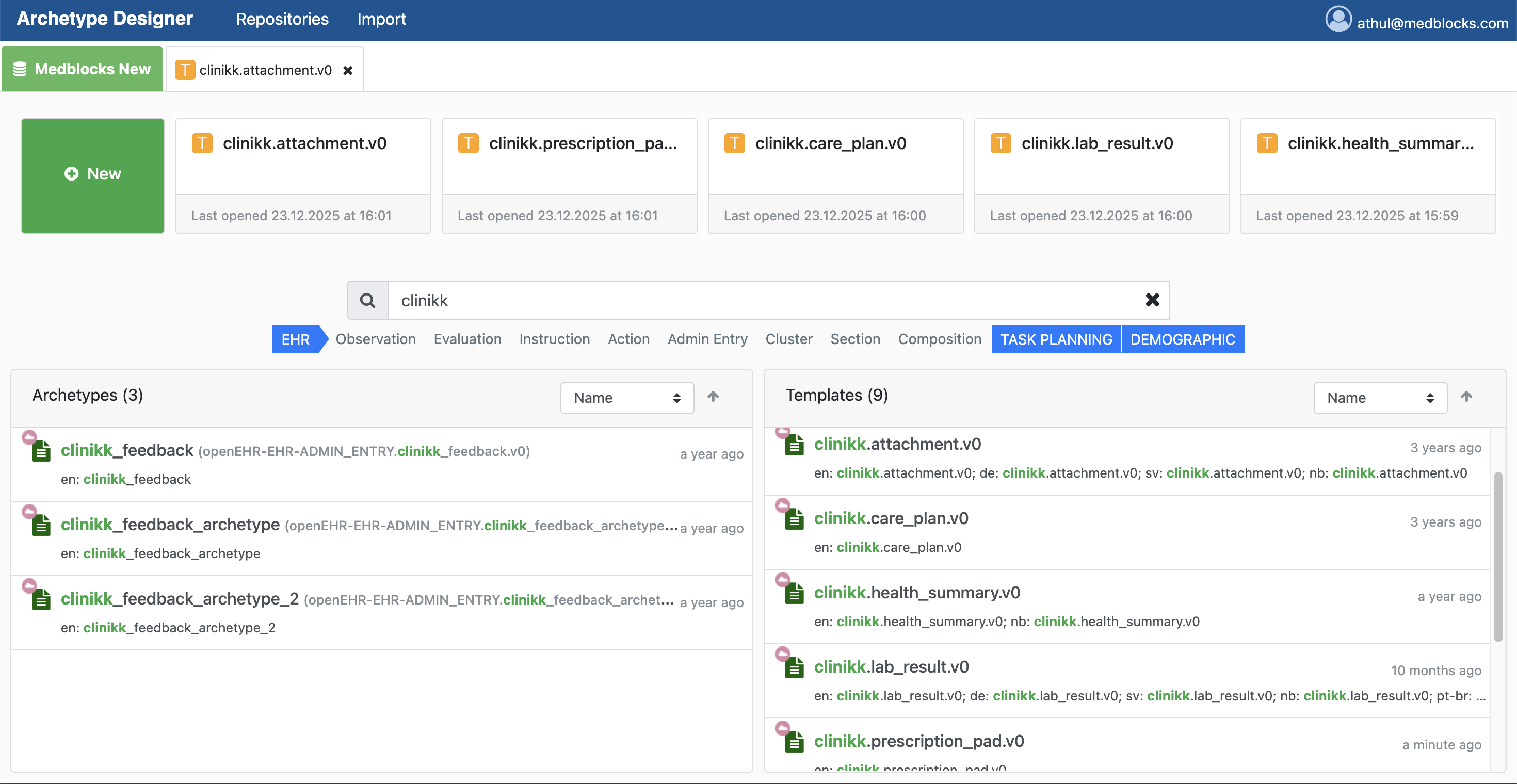 Templates and custom archetypes used in the Clinikk data model
