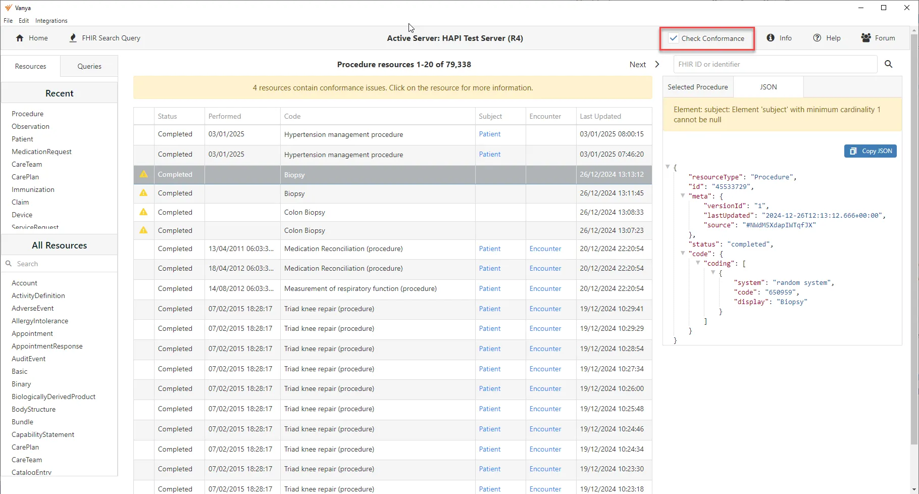 how are conformance errors shown on vanya