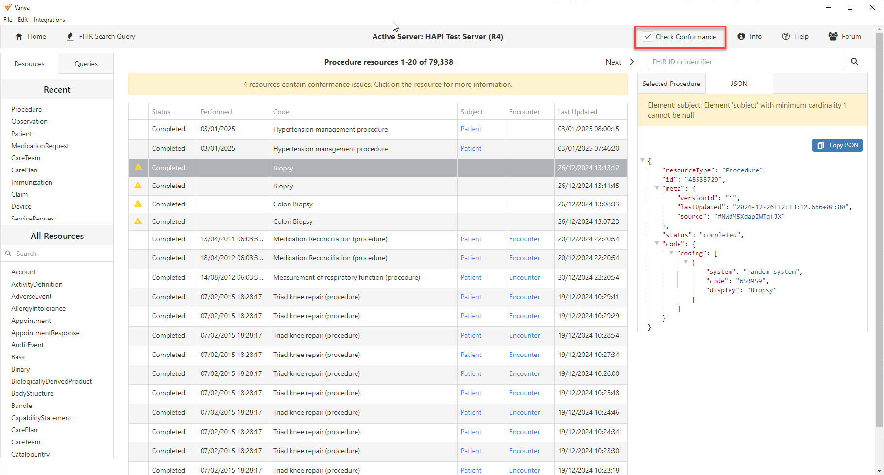 how are conformance errors shown on vanya