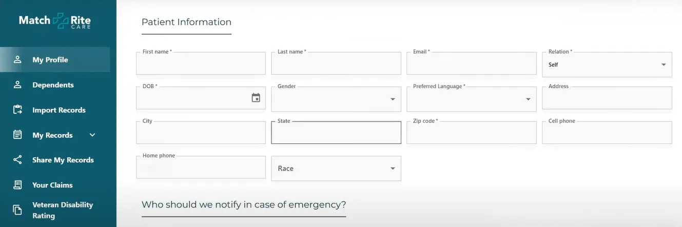 Snapshots from the MatchRite Platform - Patient profile