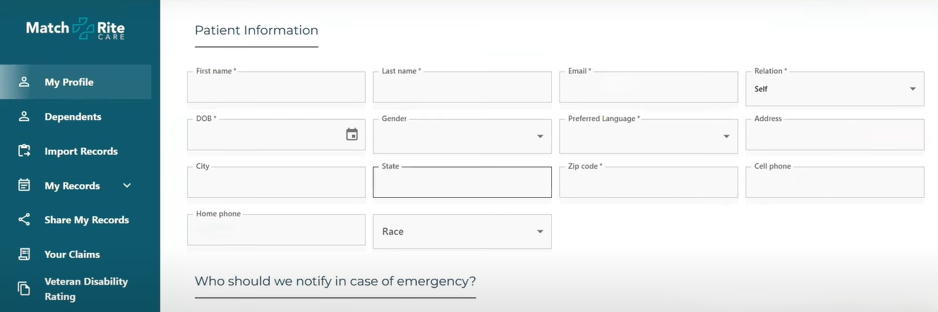 Snapshots from the MatchRite Platform - Patient profile