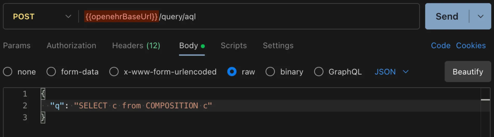 Postman ad-hoc AQL query request with SELECT composition query
