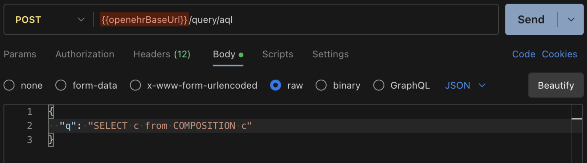 Postman ad-hoc AQL query request with SELECT composition query