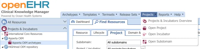 Selecting Projects from the top Menu bar
