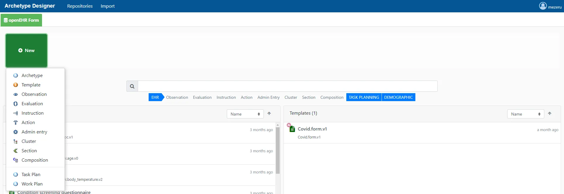 Clicking the New button