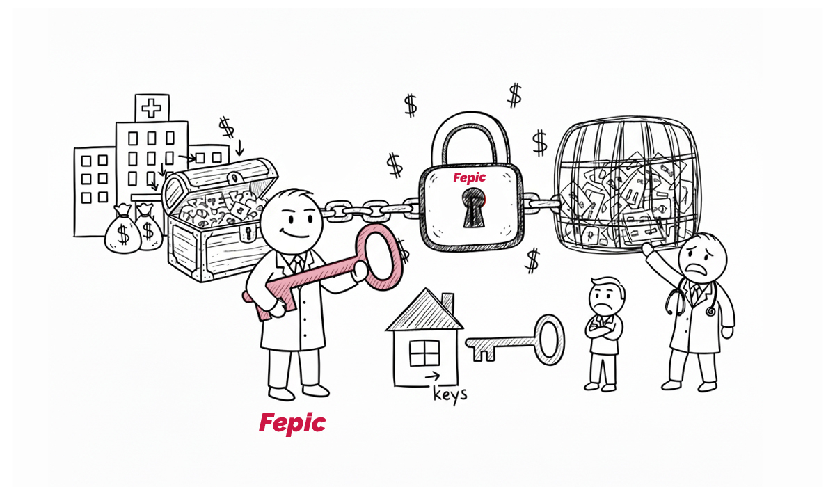 Illustration of EHR vendor lock-in showing hospital treasure chest chained to padlock, representing restricted data access.