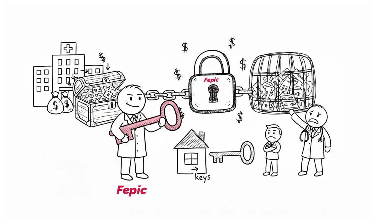 Illustration of EHR vendor lock-in showing hospital treasure chest chained to padlock, representing restricted data access.
