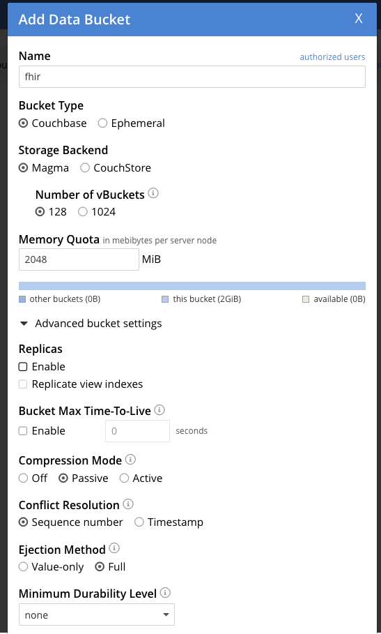Couchbase Server Add Bucket Form