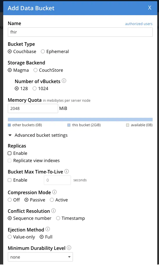 Couchbase Server Add Bucket Form