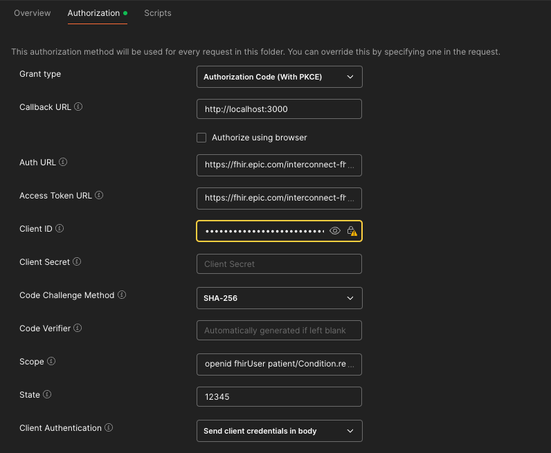 Epic Patient App PKCE Auth in Postman