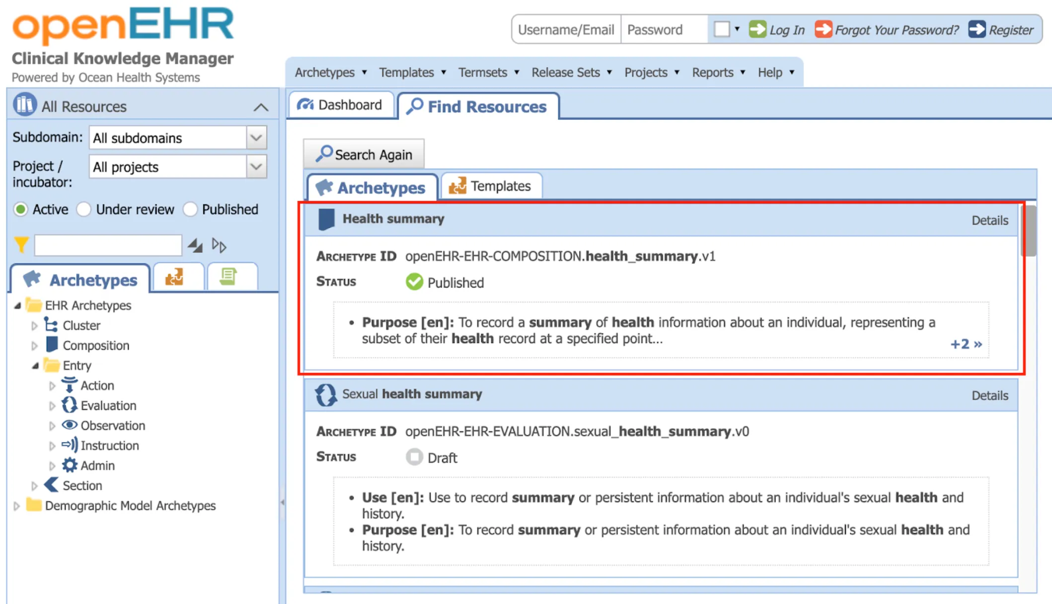 openEHR CKM showing the Health summary archetype