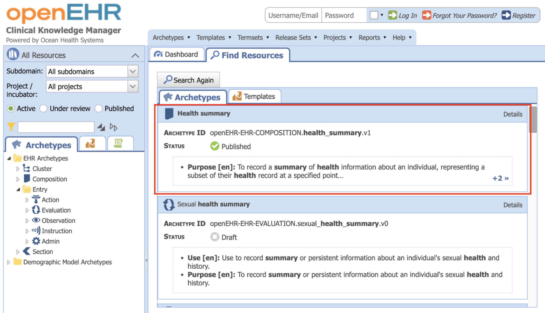 openEHR CKM showing the Health summary archetype