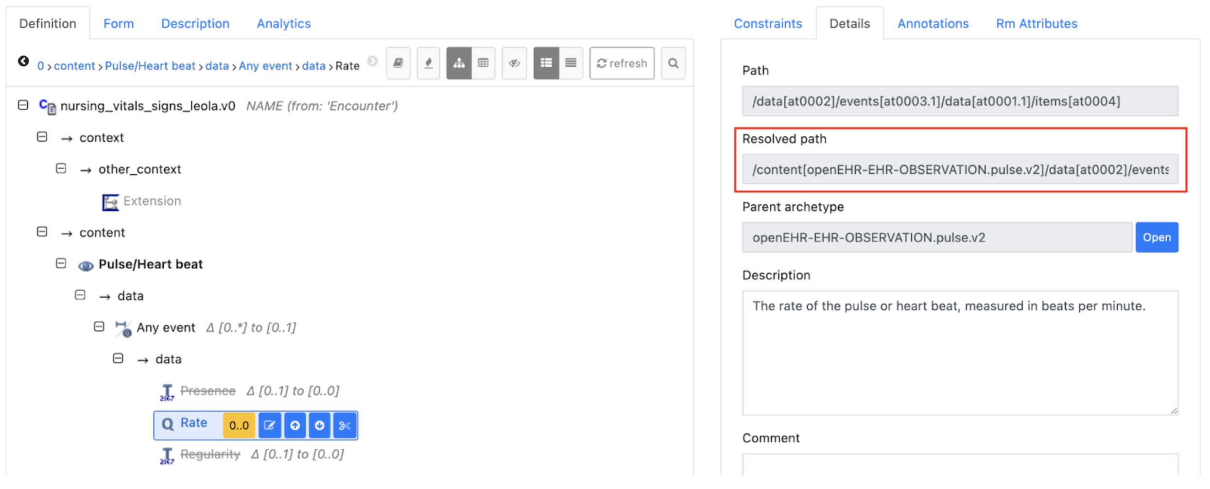 Template editor showing the resolved path for Pulse/Heart beat rate