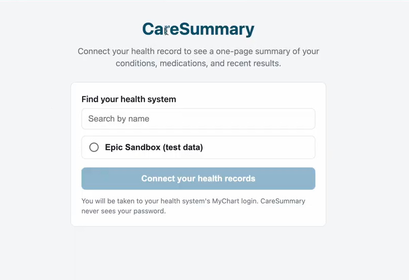 CareSummary Login Page