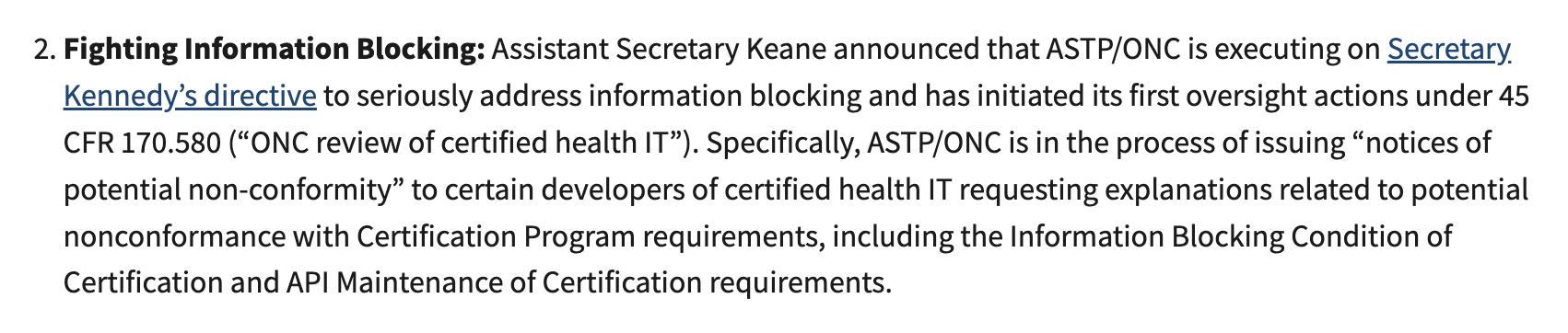 Screenshot of HHS announcement that ASTP/ONC is issuing notices of potential non-conformity to certified health IT developers over information blocking.