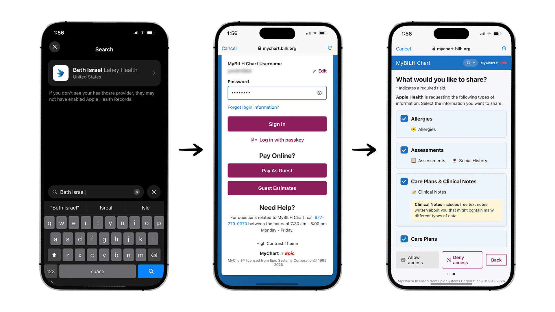 The full flow: find your hospital, log in on the hospital's own page, consent to what Apple Health can access.