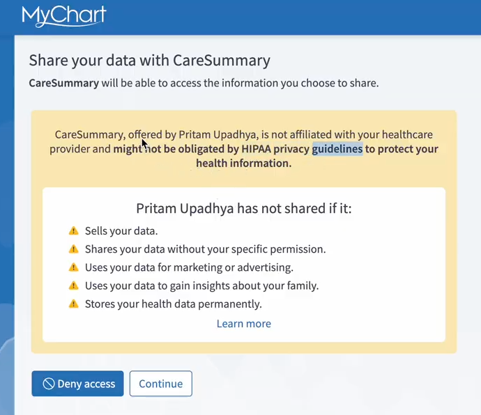 Epic MyChart HIPAA Warning Screen