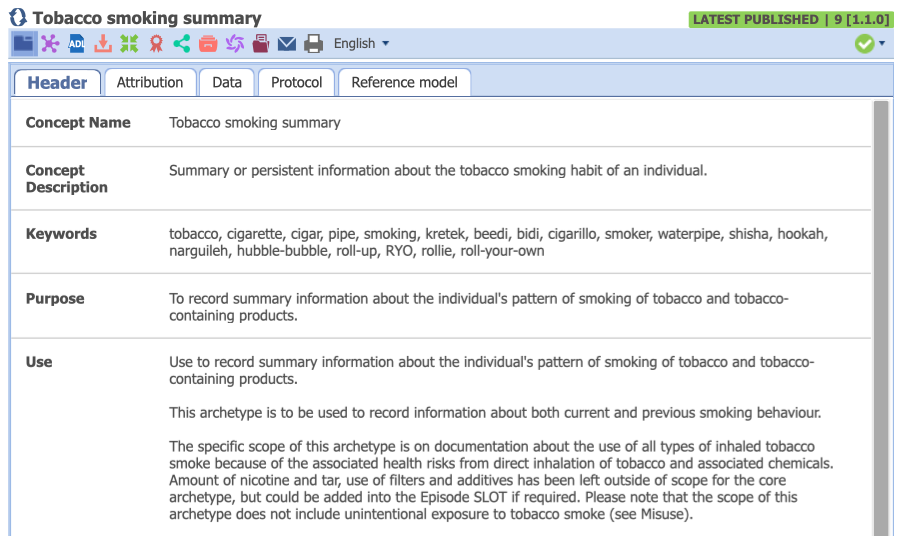 (Truncated) Header of the Tobacco Smoking Summary archetype