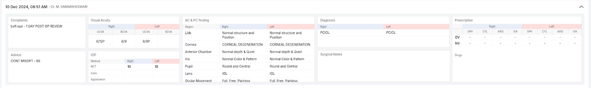 Summary widget summarizing a patient's visit post surgery
