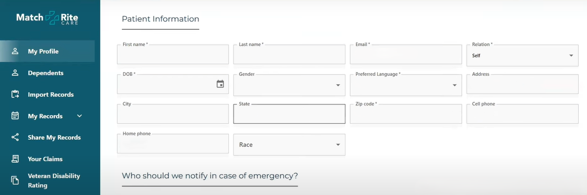 Snapshots from the MatchRite Platform - Patient profile