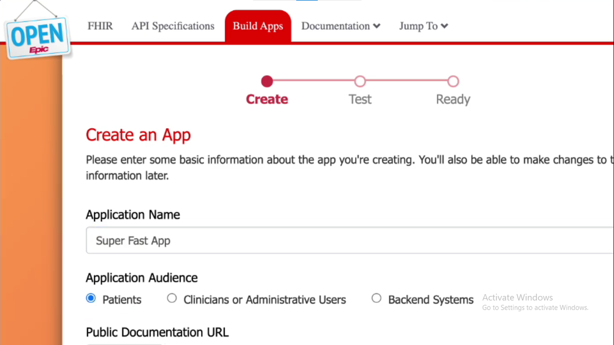 
Create Epic on FHIR App Form