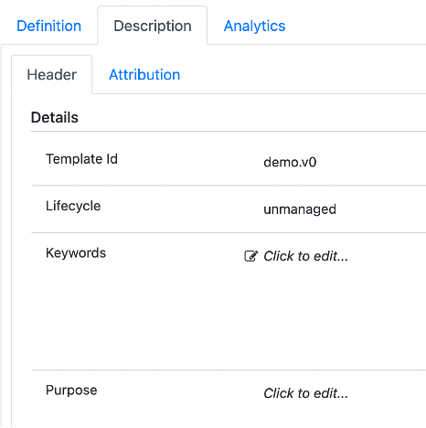 Description tab which allows the user to add additional information about the template