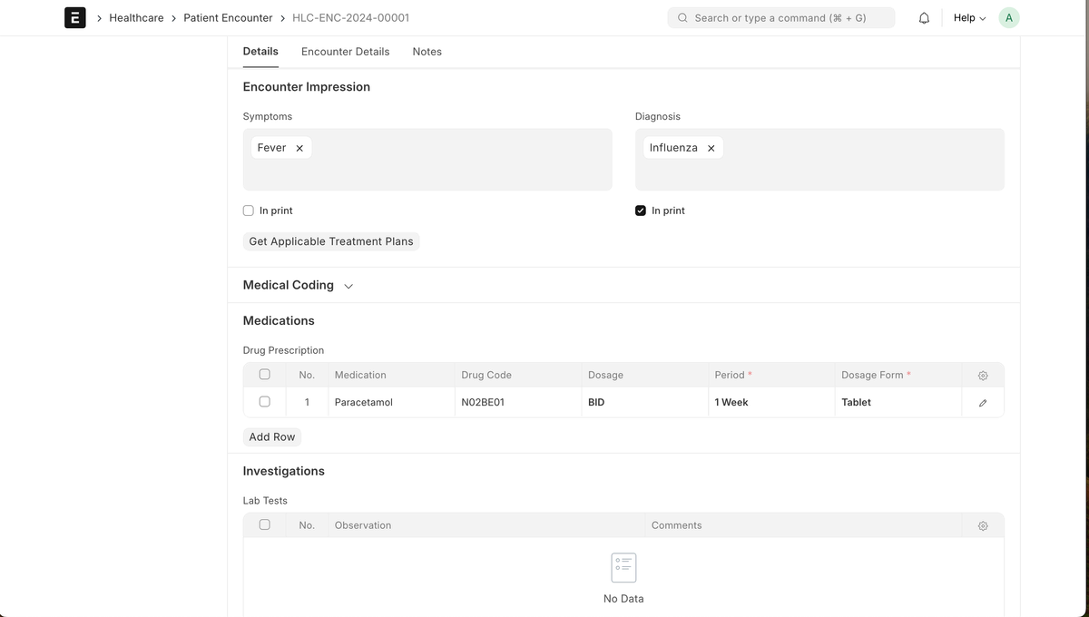 ERPNext Healthcare encounter final view