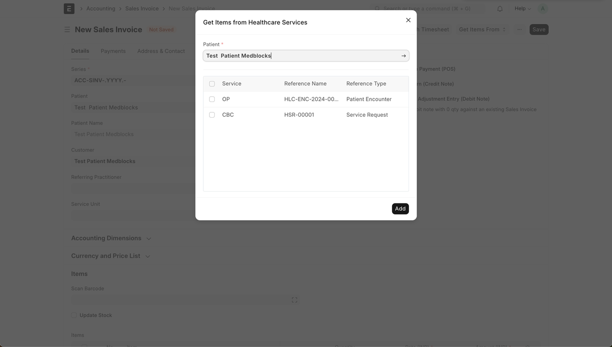 ERPNext Healthcare get items from healthcare services