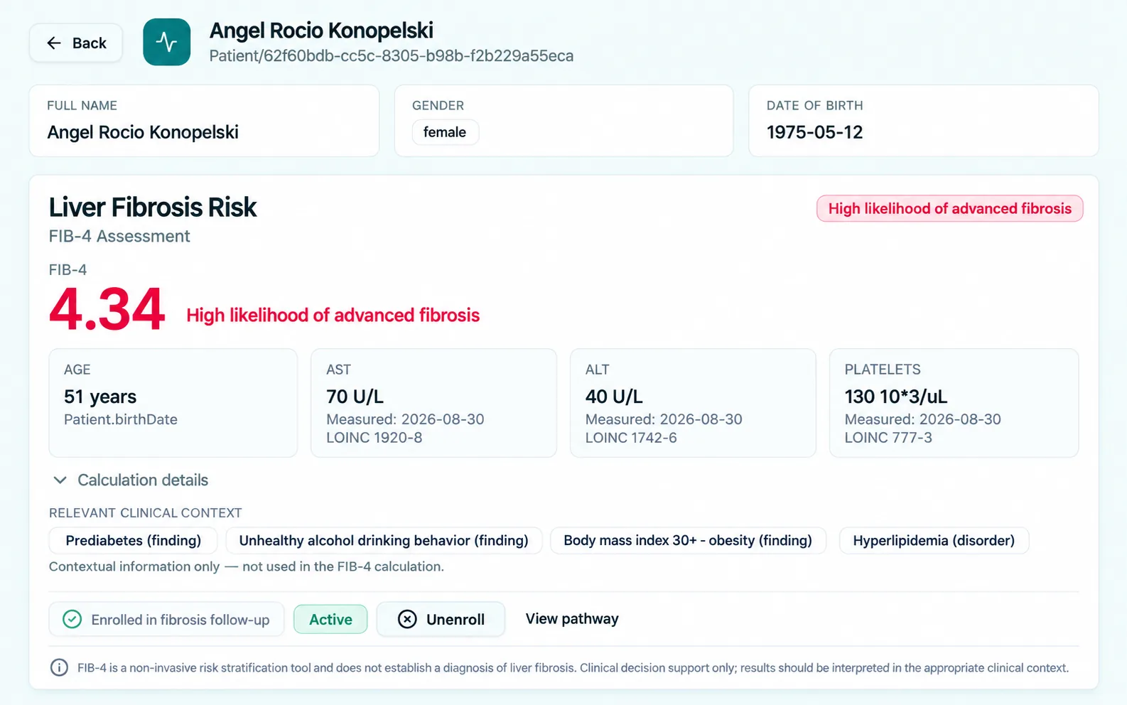 Screenshot of Liver Fibrosis Risk Assessment and Follow-Up App