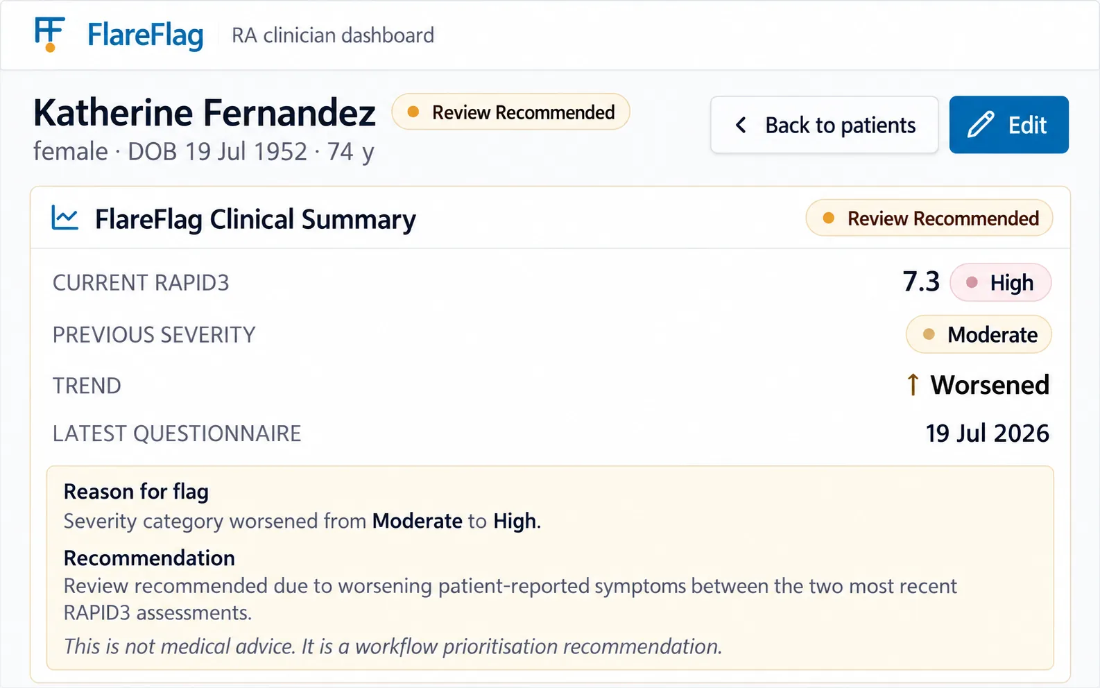 Screenshot of Rheumatoid Arthritis Flare Monitoring App