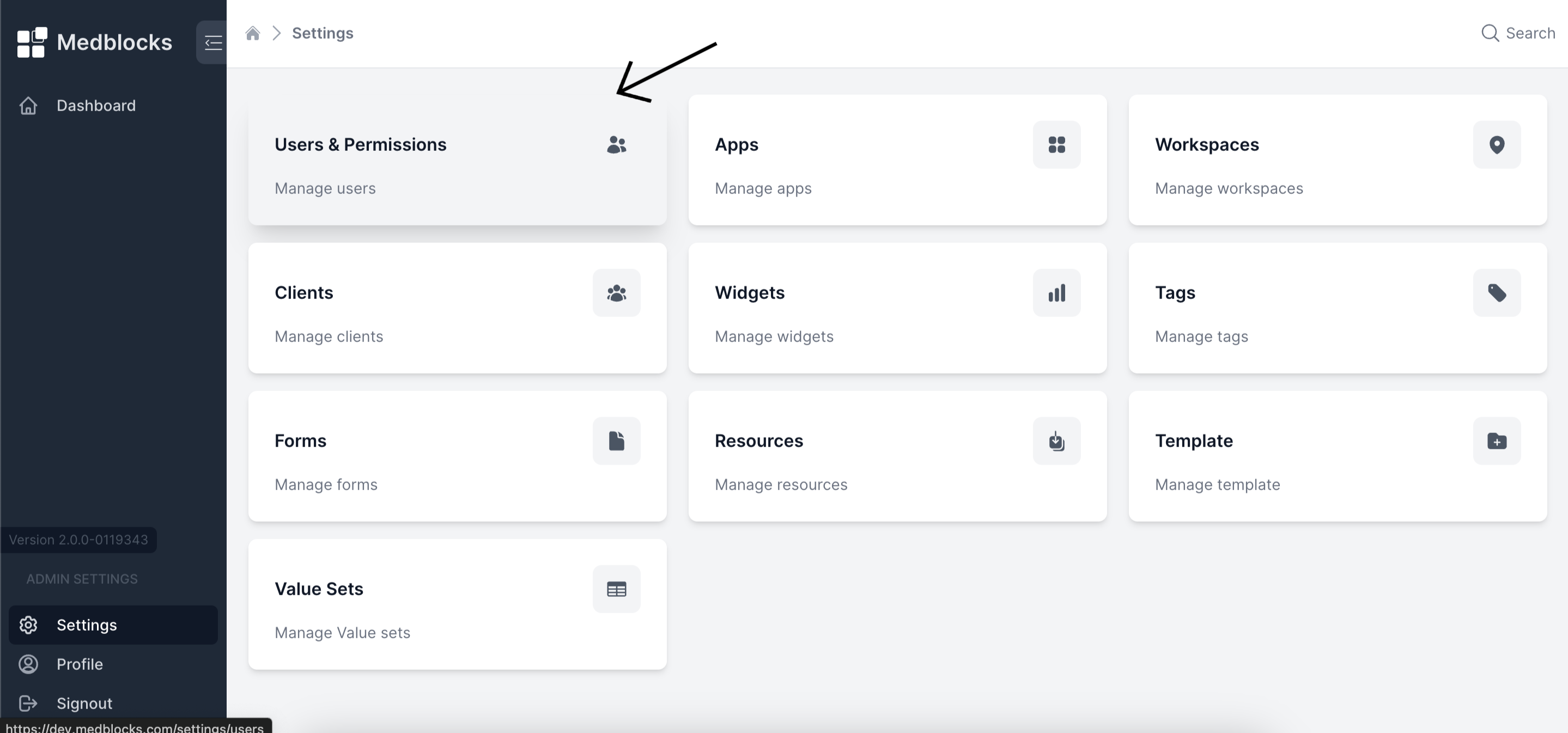 users and permissions tab on the dashboard