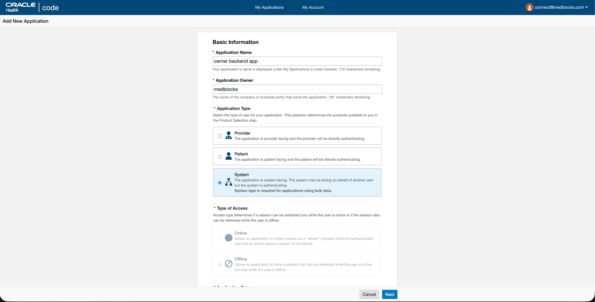 Cerner Code Console Basic Information form with Application Name, Application Owner, Application Type set to System, and Type of Access set to Offline