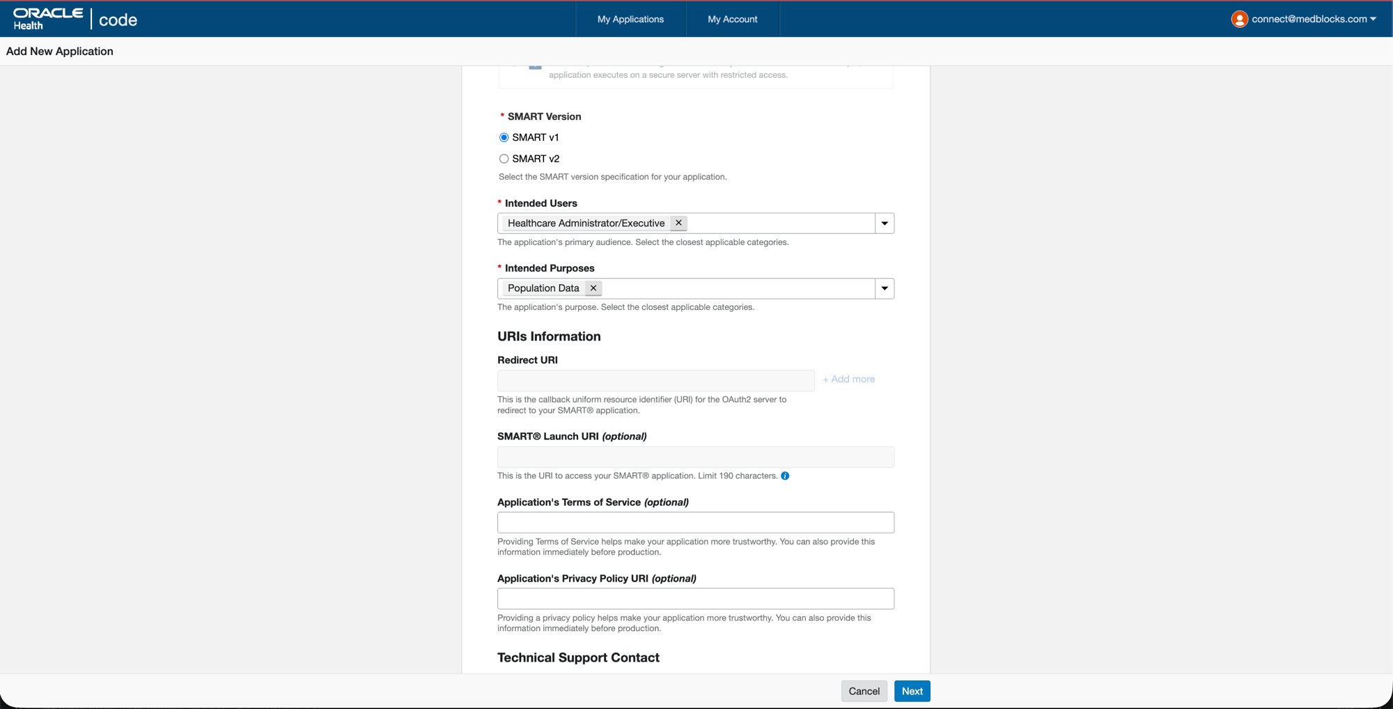 Cerner Code Console form continued with SMART Version v1, Intended Users Healthcare Administrator/Executive, Intended Purposes Population Data, and blank URI fields