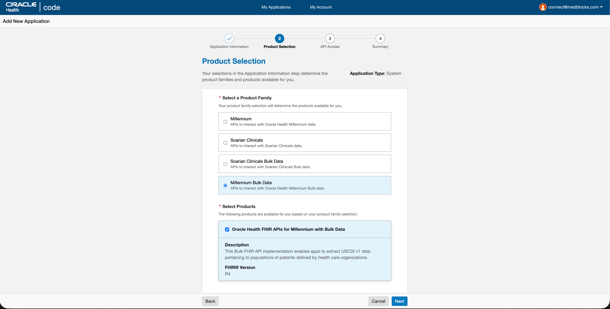 Cerner Code Console Product Selection step with Application Type=System, showing the Millennium Bulk Data product family selected, and Oracle Health FHIR APIs for Millennium with Bulk Data R4 ticked