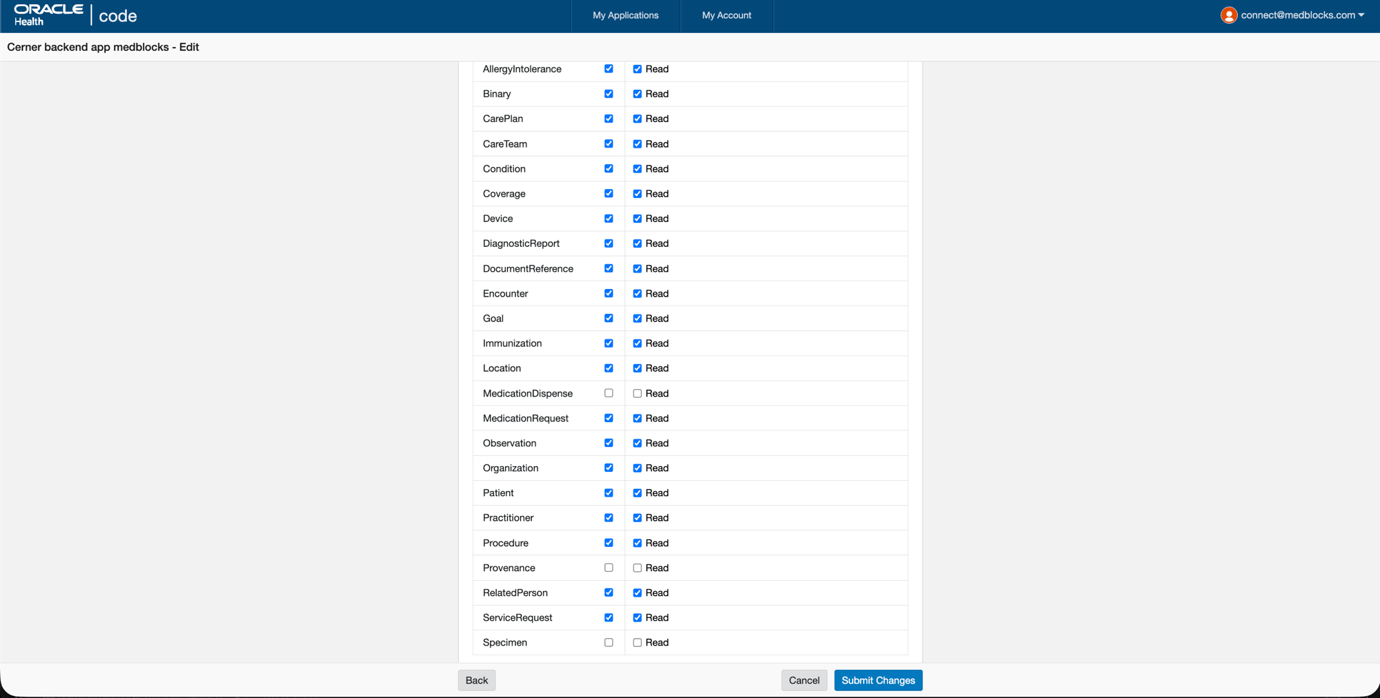 Cerner Code Console API Access screen for a System app with the System Product APIs scope table — Read checkboxes ticked for the twenty-one resources listed below; MedicationDispense, Provenance, and Specimen remain unticked
