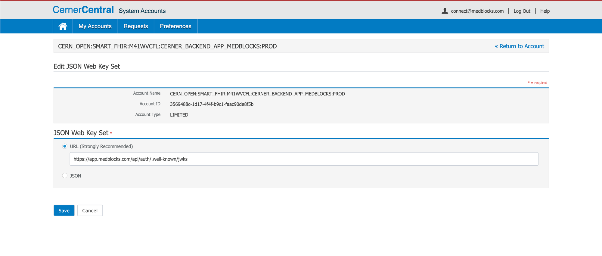 Cerner Central Edit JSON Web Key Set form with the URL Strongly Recommended radio selected and the input filled with https://app.medblocks.com/api/auth/.well-known/jwks
