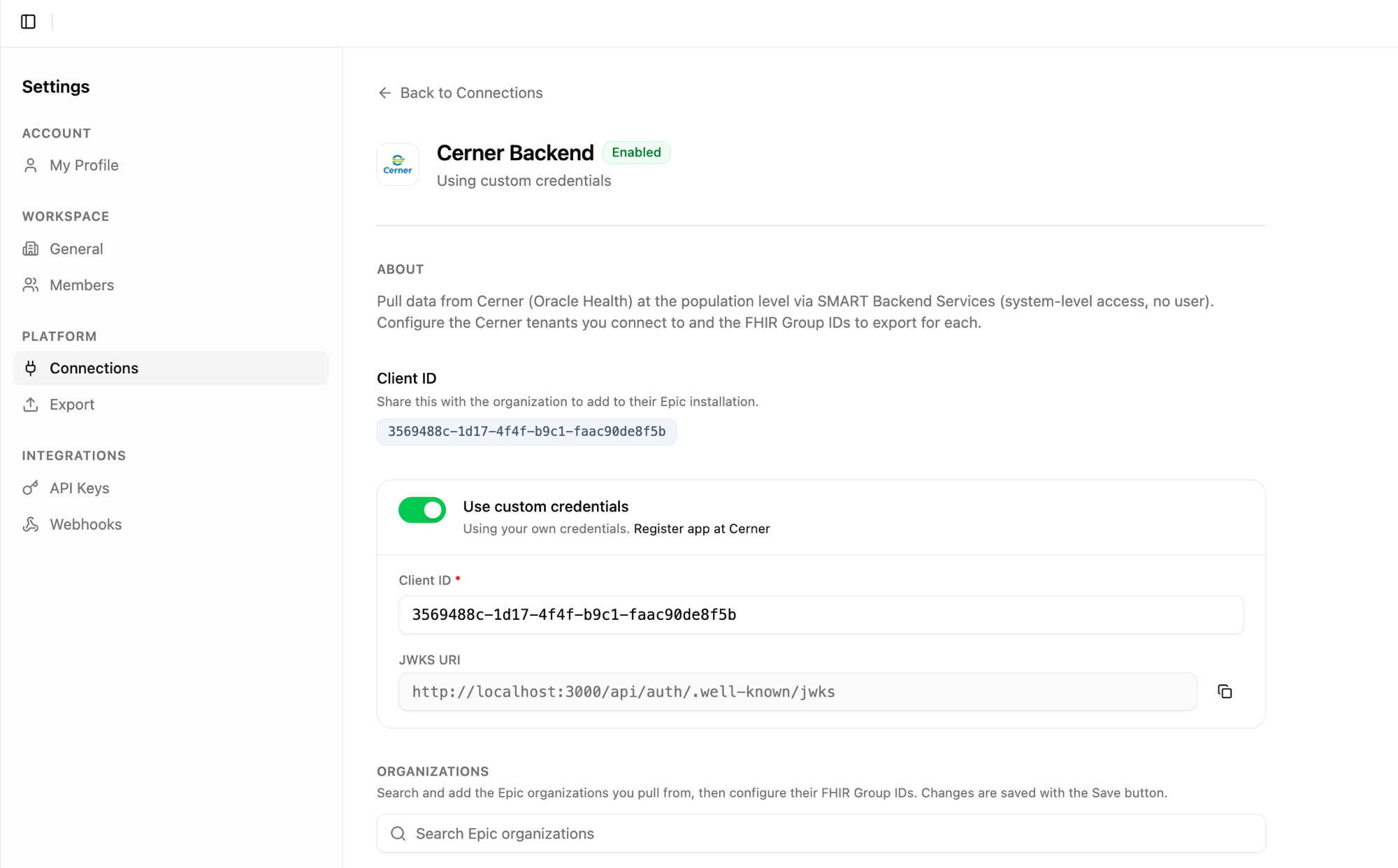 Medblocks Settings Connections Cerner Backend detail showing Client ID, JWKS URI, and the configured tenant FHIR sources for the backend pull