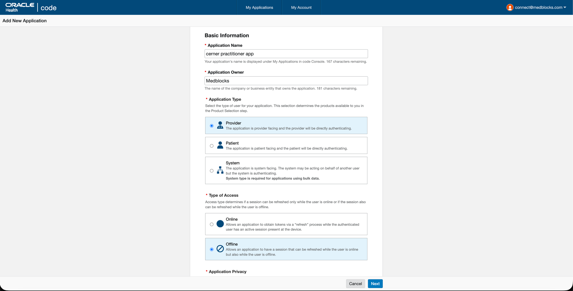 Cerner Code Console Basic Information form with Application Name, Application Owner, Application Type set to Provider, and Type of Access set to Offline